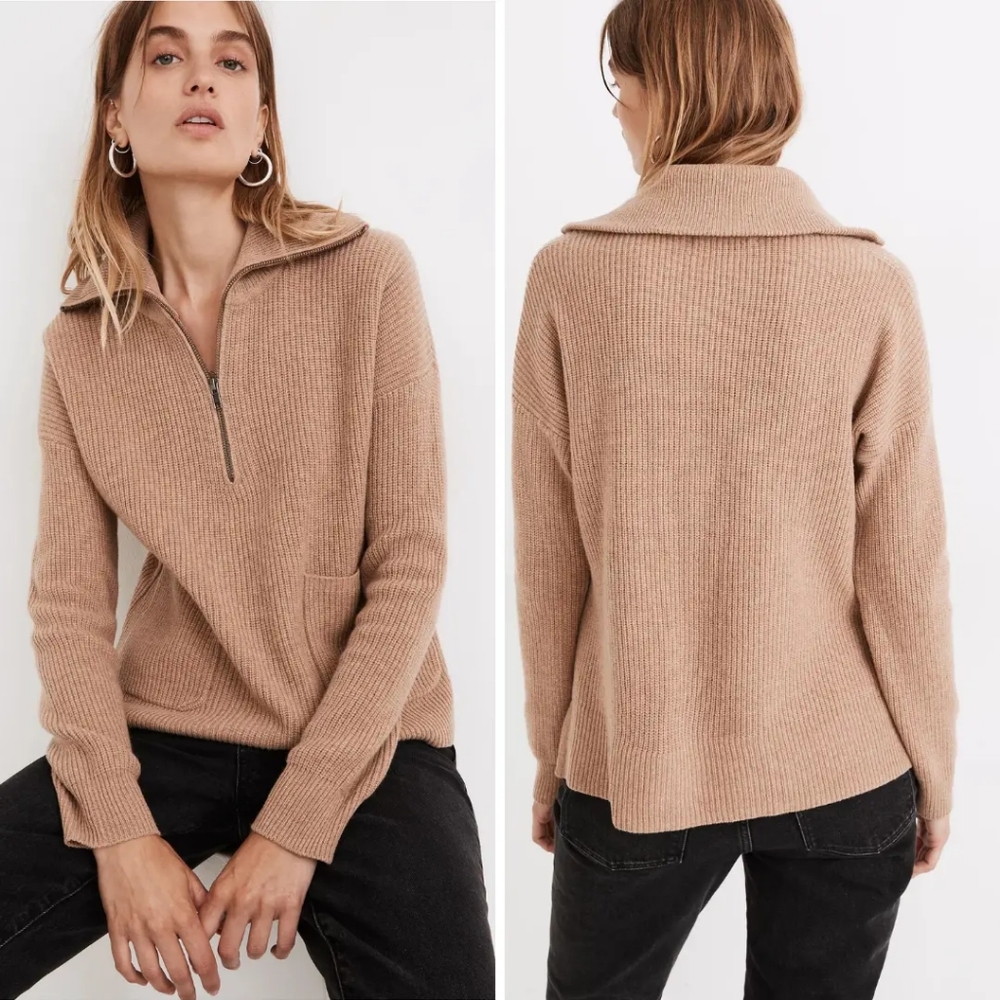 MADEWELL Glenbrook Honey Brown Camel Ribbed Sweater 1/4 Zip Long Sleeve XSmall
